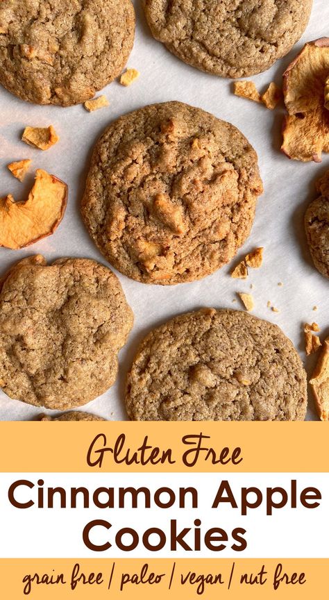 These gluten free cinnamon apple cookies are made with tahini, sweetened with maple syrup and filled with dried apple pieces. This apple cookie recipe is grain free, paleo and vegan friendly. #applecookies #vegancookies #nutfreepaleo Paleo Apple Pie Filling, Apple Cookies Gluten Free, Apple Paleo Recipes, Gluten Free Persimmon Cookies, Gluten Free Apple Galette, Paleo Vegan Cookies, Gluten Free Apple Cookies, Vegan Apple Cookies, Paleo Apple Recipes