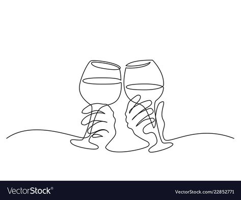 Clinking Glasses Tattoo, Line Drawing Hands, Wine Vector, Wine Tattoo, Glasses Tattoo, One Line Tattoo, Painting Logo, Glasses Of Wine, Bottle Drawing