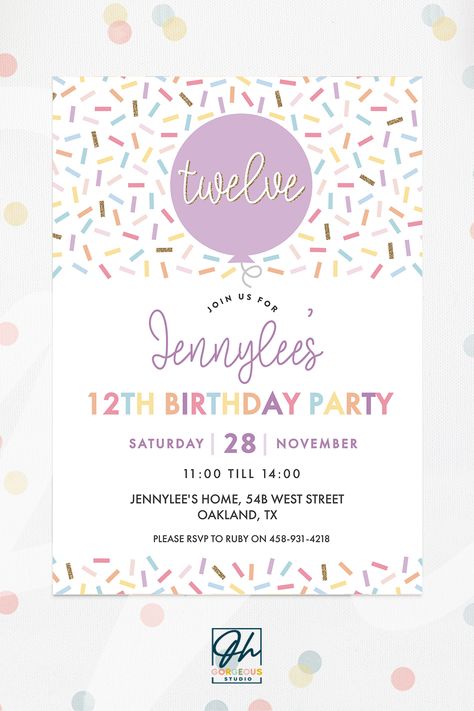 Pretty Sprinkles 12th Birthday Invitation | Pastel Coloured Sprinkle Invite, 12 Birthday Balloon Invitation, Editable Party Invite For Girl Sprinkle Invite, 12 Birthday, Balloon Invitation, Old Birthday Cards, Pastel Birthday, Bday Invitations, Girl Birthday Party Invitations, Birthday Party For Teens, Teen Birthday