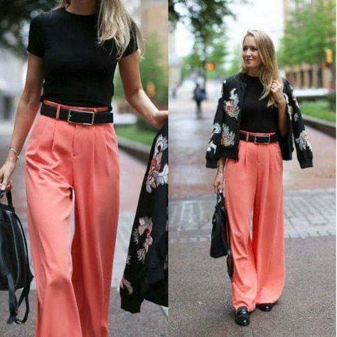 Coral Pants Outfit, Style Blue Pants, Navy Blue Pants Outfit, Blue Trousers Outfit, Colored Pants Outfits, Blue Pants Outfit, Casual Leather Jacket Outfit, Wide Leg Outfit, Coral Outfit