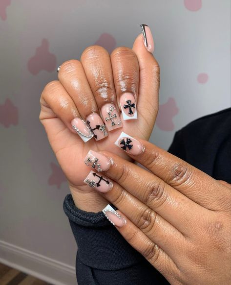 Short French Tip Acrylic Nails With Cross, French Tip Acrylic Nails With Cross, Chrome Cross Nails Designs, Black French Tip With Cross, Cross Nails Short, Cross French Tip Nails, Chrome Cross Nails, Cross Nails Acrylic, Prom Nail Ideas