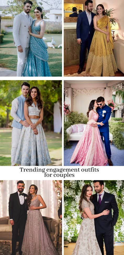 Engement Outfit For Bride, Engagement Look For Couple Indian, Engagement Looks For Groom, Couple Dress For Wedding Indian, Dress For Engagement Indian Men, Ring Ceremony Couple Outfits, Engagement Dress For Both Bride And Groom, Twining Outfits For Couples Engagement, Indian Register Marriage Outfit