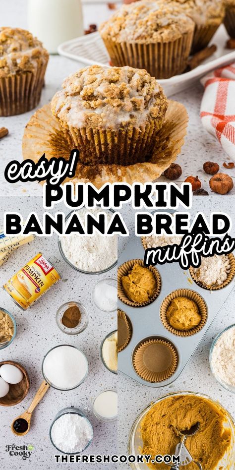 Bake these easy Pumpkin Banana Muffins packed with warm spices, ripe bananas, and a whole can of pumpkin. Perfect for snacks or breakfast! With secrets on how to get high-domed bakery style muffins, making jumbo muffins, regular or mini sized pumpkin banana bread muffins. Get the recipe via @thefreshcooky Whole Can Pumpkin Recipes, Pumpkin Banana Streusel Muffins, Pumpkin Spice Muffins Easy, Banana Muffins Mini, Recipes With Ripe Bananas, Libbys Pumpkin Muffins, Pumpkin Banana Bread Muffins, Banana Pumpkin Muffins, Pumpkin Spice Mini Muffins