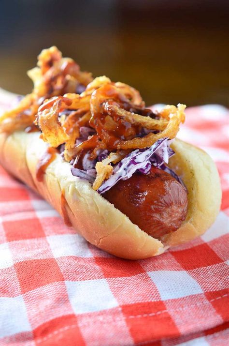 Bbq Hot Dogs, Creamy Slaw, Onion Strings, Hot Dog Toppings, Burger Dogs, Hot Diggity Dog, Chili Dogs, Hot Dog Recipes, Corn Dogs