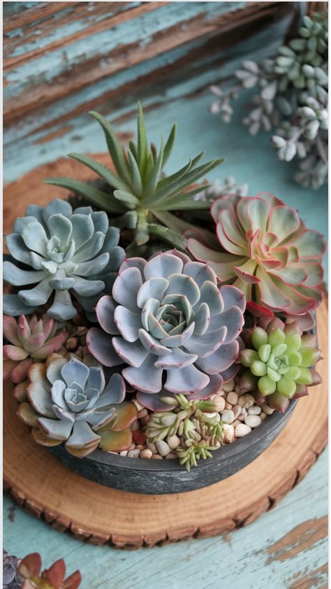 Succulent planter ideas displayed indoors and outdoors, including concrete pots, DIY planters, and rustic planter boxes with crystals. Succulent Planter Box Ideas, Succulent Aesthetic, Succulent Planter Ideas, Planter Box Ideas, Mini Succulent Garden, Rustic Planter, Vertical Succulent Gardens, Concrete Succulent Planters, Succulent Display