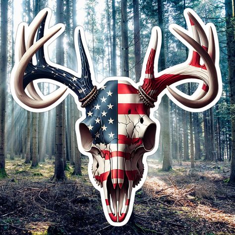 Showcase your love for the great outdoors and your patriotic spirit with our Deer Skull American Flag Decal. This striking car window sticker features a detailed buck skull adorned with the iconic American flag, making it a perfect addition for hunters, nature enthusiasts, and proud patriots alike. Key Features: Unique Design: Combines a realistic deer skull with the vibrant colors of the American flag, creating a standout look. Durable Material: Made from high-quality vinyl, ensuring long-lasting durability and resistance to the elements. Easy Application: Simple peel-and-stick installation, perfect for car windows, trucks, laptops, or any smooth surface. Patriotic Pride: A great way to express your love for the USA and the outdoors. Perfect For: Car and truck windows Laptops and tablets Buck Skull, Nick Jackson, Skull American Flag, Hunting Decal, Deer Wallpaper, American Flag Decal, Laptops And Tablets, American Flag Sticker, Skull Decal