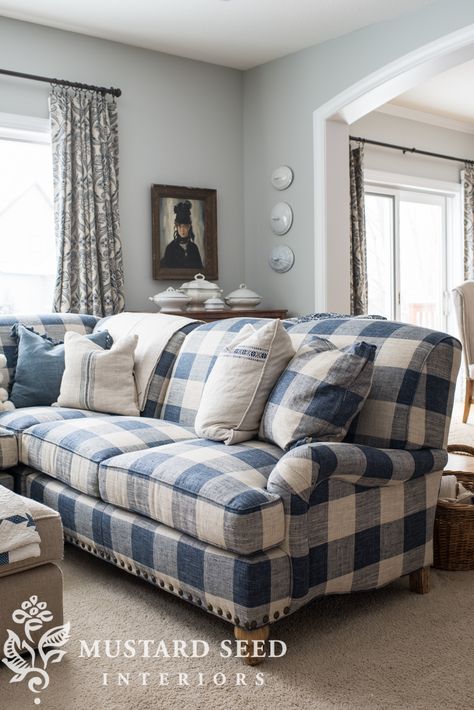 Check Sofa Living Room, Blue Plaid Chairs Living Room, Blue Plaid Couch Living Room, Blue Plaid Couch, Buffalo Plaid Sofa, Family Room Updates Decorating Ideas, Blue And White Farmhouse Living Room, Blue Buffalo Plaid Decor, Plaid Couch Living Room Country Style