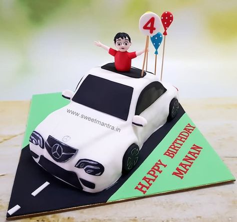 Mercedes car shaped customized 3D cake with little boy figurine on sunroof Cars Cake For Boys, Car Shaped Cake, Car Cakes For Boys, Cars Theme Cake, Cars Cake, Truck Cake, Fondant Cake Designs, Truck Cakes, Car Birthday Theme