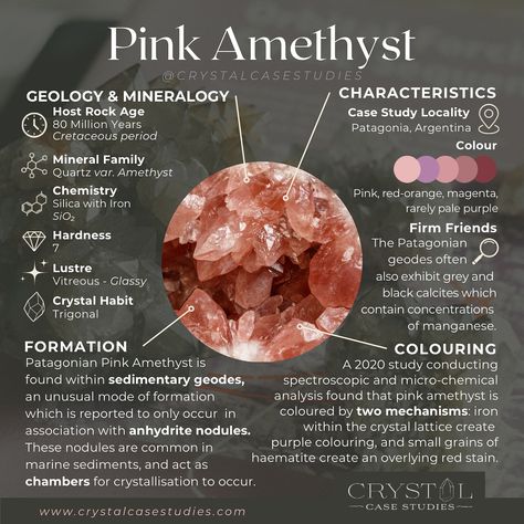 Pink Amethyst 🌸 the beautiful rose coloured geodes from Patagonia, Argentina 🇦🇷 These geodes made the headlines a few years ago with their unusual colouring agent and controversial name. My podcast episode on Pink Amethyst goes live tomorrow 💘💖💕 Study Infographic, Amethyst Meaning, Pink Amethyst Crystal, Period Color, Patagonia Argentina, Crystals Healing Properties, Crystal Magic, Pink Amethyst, Instagram Life