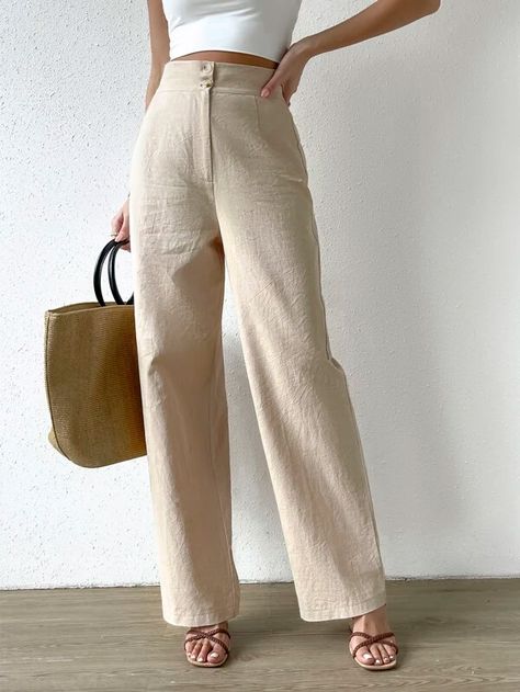 SHEIN VCAY High Waist Straight Leg Pants | SHEIN USA Casual Straight Leg Pants, Pants Gift, Beige Pants, Winter Pants, Beige Style, High Waist Pants, Mini Robes, Pants Casual, Straight Leg Trousers