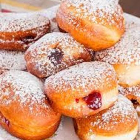 Cherry Jam-Filled Sour Cream Donuts Recipe - (4.3/5) Cream Donut Recipe, Sour Cream Donut, Hanukkah Desserts, Filled Donuts, Cherry Jam, Doughnut Recipe, Jewish Recipes, Donut Recipes, Beignets