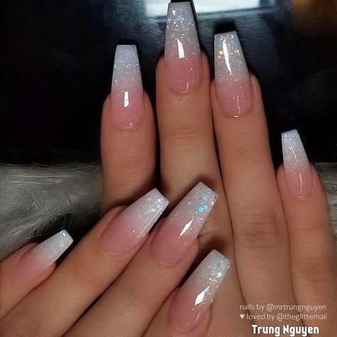 TheGlitterNail 🎀 Get inspired! on Instagram: “✨✨✨ Glitter French Ombre on Coffin Nails 👌 • 💅 Nail Artist: @mrtrungnguyen 💝 Follow him for more gorgeous nail art designs! • 👉 Turn on…” Classic Nail Designs French Tips, Valentines Nails Subtle, Acrylic Nail Designs Ombre, Birthday Gel Nails, Ombré Nails With Design, Nail Art Coffin, Glitter French Tip Nails, Ombré Acrylic Nails, Princess Nails