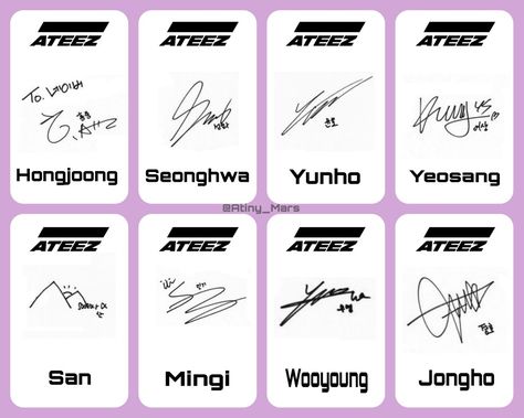 Skz Signatures Ot8, P1harmony Signature, Ateez Signature, Ateez Id Photo, Ateez Tattoo, Autograph Ideas, Kpop Tattoos, Pirate Kids, Kpop Diy