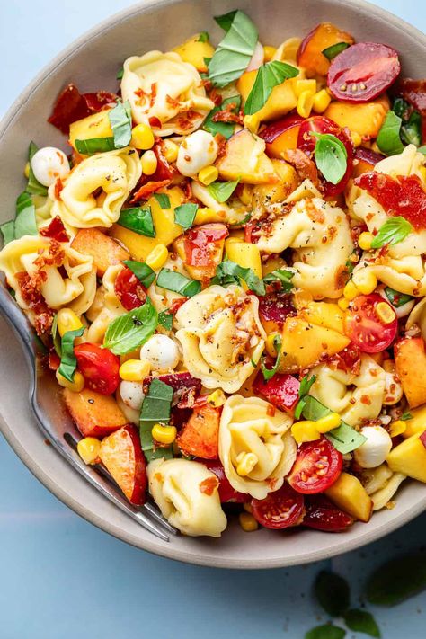 Ready to have the most popular dish at the barbecue? Dig into my hot honey pasta salad, made with crispy prosciutto, mozzarella, and fresh peaches. With a base made from tortellini, this dish is bright, flavorful, and super easy to make. Keep this recipe handy, because everyone will be begging for it! Easy Tortellini Pasta Salad, Honey Pasta, Caprese Tortellini, Tortellini Pasta Salad Recipes, Easy Tortellini, Prosciutto Mozzarella, Tortellini Pasta Salad, Crispy Prosciutto, Pasta Salad Ingredients