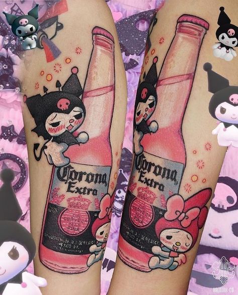 Matching Tattoos Hello Kitty, K-12 Tattoo, Color Only Tattoo, Goth Hello Kitty Tattoo, Matching Hello Kitty Tattoos, Gamer Tattoos, Goth Tattoo, Hello Kitty Tattoos, Kawaii Tattoo