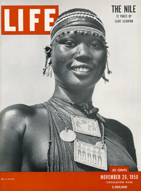 This Shilluk woman appeared on the cover of Life magazine, The Nile issue, Nov. 20, 1950. Her pendants feature etchings of Sudanese village ... Life Magazine Covers, Life Cover, Look Magazine, African Girl, Time Life, African History, Vintage Life, Vintage Magazines, Vintage Magazine