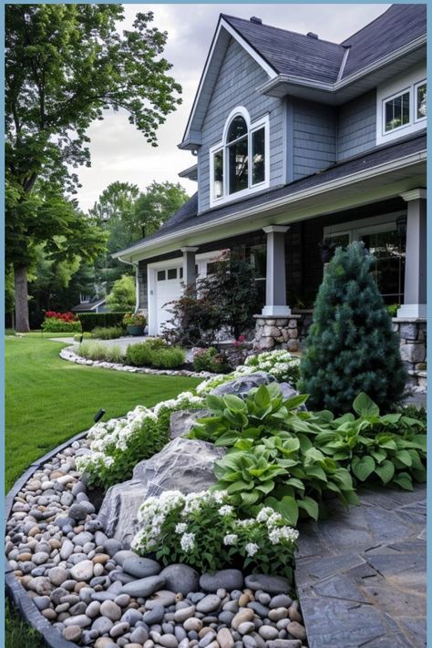 Beautifully landscaped suburban home with manicured lawn, flower beds, and stone walkway. Sidewalk In Front Of House, Landscape Around House Foundation, Landscaping With Boulders Front Yard, Farmhouse Front Yard Landscaping Ideas, Landscape Front Of House, Rock Landscaping Ideas Front Yard, Front Yard Landscaping Ideas Diy, Rock Beds, Beautiful Front Yard Landscaping