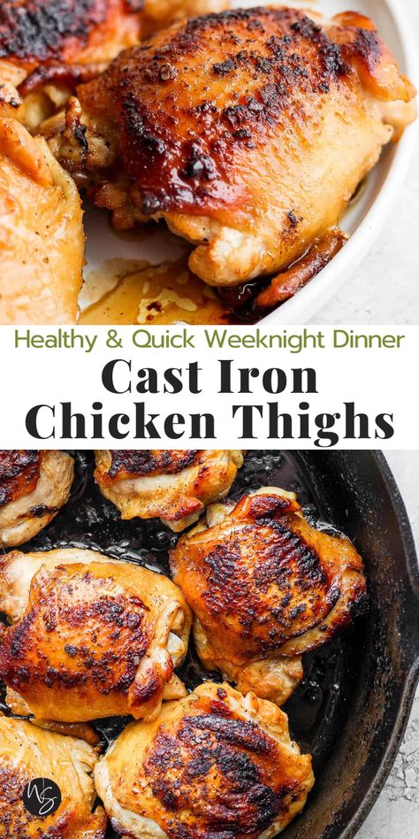 Cast Iron Chicken Thighs - a simple step-by-step process for how to make the most amazing chicken thighs on a cast iron skillet! Perfect for a quick weeknight meal and packed with so much great flavor. This recipe is Whole30, Paleo, Gluten-Free and Dairy-Free. Bone In Chicken Thigh Recipes Cast Iron, Chicken Thighs Cast Iron Skillet, Cast Iron Skillet Chicken Thighs, Cast Iron Chicken Thighs, Paleo Chicken Thighs, Chicken Thighs In Oven, Cast Iron Skillet Recipes Dinner, Balsamic Chicken Thighs, Skillet Chicken Thighs