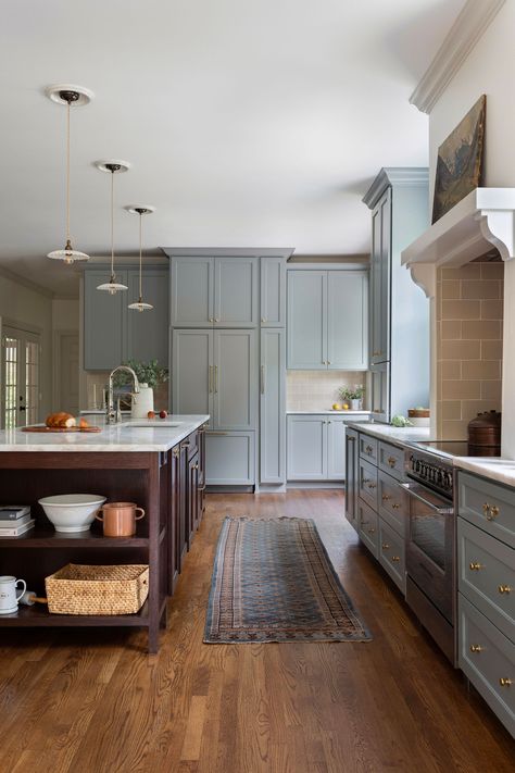 Light Blue Kitchen Cabinets, Light Blue Kitchen, Blue Gray Kitchen Cabinets, Cabinets With Crown Molding, Arched Doorway, Grey Blue Kitchen, Blue Kitchen Island, Floor To Ceiling Cabinets, Light Blue Kitchens