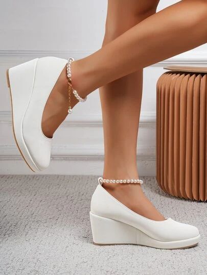 Search closed toe wedge heels | SHEIN USA Close Toed Wedges, White Closed Toe Wedding Shoes, Wedge Heels Outfit, Formal Wedges, Wedge Outfit, Closed Toe Wedding Shoes, Heels Shein, Closed Toe Summer Shoes, Cotillion Dresses