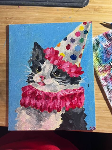 Clown Cat Painting, Vintage Clown Painting, Paintings Based On Songs, Whimsical Cat Painting, Silly Cat Painting, Cute Clown Painting, Cat Portraits Painting Acrylics, Clown Cat Art, Clown Cat Drawing