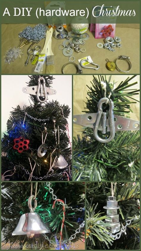 hardware items as Christmas decor Hardware Items, Steampunk Christmas, Diy Christmas Garland, Things To Make, Christmas Tree Decor, Mini Christmas Tree, Christmas Ornament Crafts, Christmas Ornaments To Make, Diy Christmas Tree