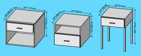 Bedside tables: types and measurements Bedside Table Measurements, Bedside Table Height, Bedroom Side Table Ideas, Unusual Bedside Tables, Bedside Table Dimensions, Bedside Table Size, Bedroom Side Table, Simple Side Tables, Table Measurements