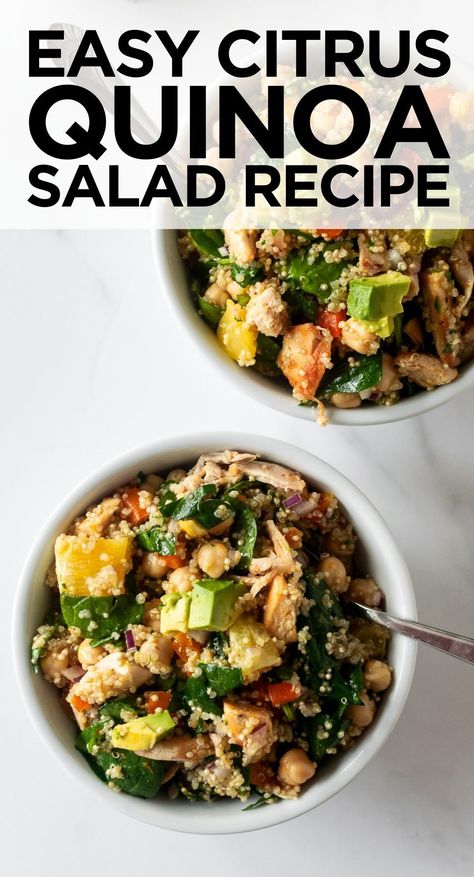 This citrus quinoa salad is light and hearty– filled with quinoa, spinach, chicken, pepper, onion, fresh cilantro, oranges, and creamy avocado. Bursting with flavor from the refreshing citrus vinaigrette, this quinoa salad is a warmer weather staple and easy healthy dinner option! #quinoa #healthy #quinoarecipe #quinoasalad Quinoa Spinach, Spinach Chicken, Citrus Vinaigrette, Healthy Dinner Options, Classic Salad, Quinoa Healthy, Quinoa Salad Recipes, Quinoa Recipes, Salad Dressing Recipes