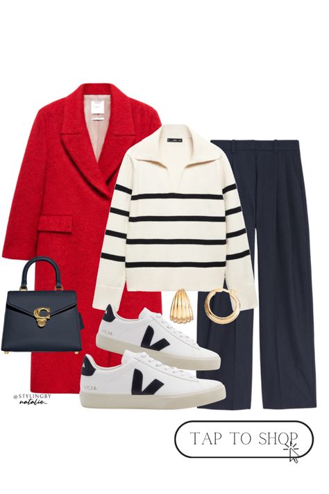 Work wear outfit, red wool coat, stripe v neck jumper, navy pinstripe wide leg trousers, Veja trainers, coach top handle bag & gold hoop earrings. Fall outfit, work look, office outfit. Red Wool Jacket Outfit, Red Coat Winter Outfit, Red Winter Coat Outfit, Red Parka Outfit, Red Wool Coat Outfit, Red Coat Outfit Winter, Fall Outfit Work, Red Trench Coat Outfit, Red Jumper Outfit