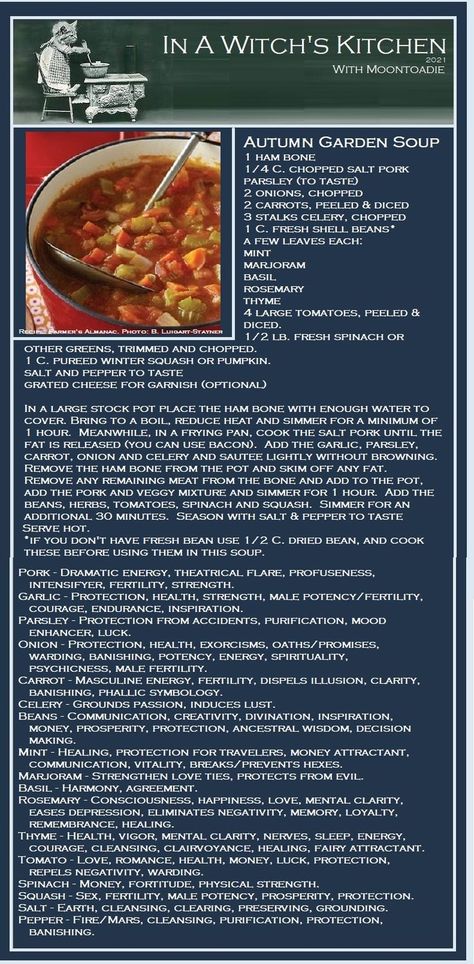 Garden Soup, Witch's Kitchen, Wicca Recipes, Kitchen Witch Recipes, Witchy Kitchen, Salt Pork, Stone Soup, Kitchen Witchery, Health Dinner Recipes