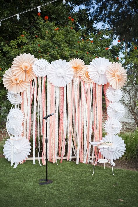 Tissue paper fan..instead of streamers substitute gray chevron fabric...fun photo backdrop Decor Photobooth, Outdoor Photo Booths, Ribbon Backdrop, Vintage Graduation, Booth Backdrops, Diy Wedding Backdrop, Tiffany Wedding, Summer Party Decorations, Diy Photo Booth