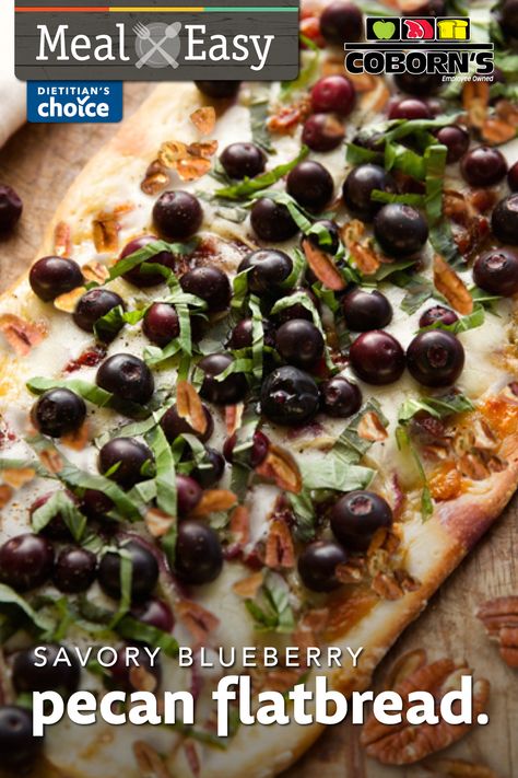 One of our favorite things about flatbread is the endless options for toppings. This week our #mealeasy recipe is a Savory Blueberry Pecan Flatbread. Sweet, savory and just a little nutty! #mealeasy #remarkablyfresh #incrediblyeasy Cranberry And Goat Cheese Flatbread, Goat Cheese Cranberry Flatbread, Cranberry Goat Cheese Flatbread, Blueberry Flatbread With Goat Cheese, Pear And Blue Cheese Flatbread, Gorgonzola Cheese, Flatbread, Fun Snacks, Base Foods