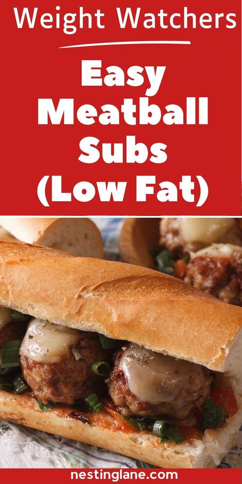 Easy Weight Watchers Meatball Subs (Low Fat) recipe graphic. Ww Recipes Dinner, Weight Watchers Meatballs, Easy Meatball Subs, Good Fast Food, Meatballs Sauce, Easy Meatball, Weight Watchers Dinner, Best Fast Food, Tasty Meatballs