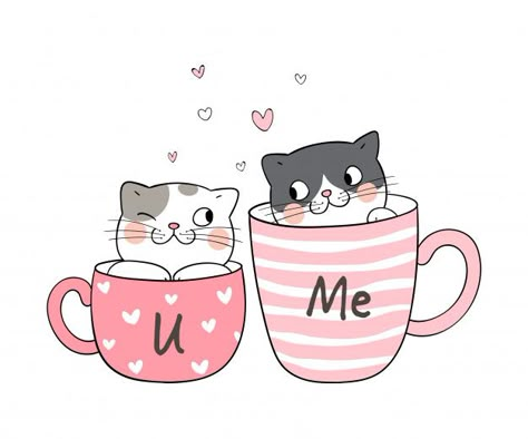 Draw couple love of cat in cup of tea. P... | Premium Vector #Freepik #vector #coffee #heart #love #hand Vector Illustration Character, Valentines Day Drawing, Art Mignon, Dessin Adorable, Cat Sleeping, Love Png, Vector Drawing, Valentines Svg, Cartoon Style