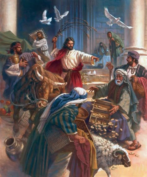 John 2:14-15  "In the temple he found those who were selling oxen and sheep and pigeons, and the money-changers sitting there. And making a whip of cords, he drove them all out of the temple, with the sheep and oxen. And he poured out the coins of the money-changers and overturned their tables." Jesus Cleanses The Temple, Psalm 133, Tb Joshua, Jesus In The Temple, Image Of Jesus, Religious Pictures, Bible Images, Bible Pictures, Jesus Christ Images