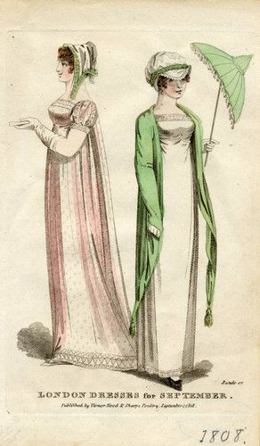 Dresses, Autumn 1808 — Calisphere 1810 Fashion, Empire Style Dress, Long White Gloves, Empire Clothing, Regency Fashion Plates, Rust Color Dress, Regency Clothing, Walking Dress, Regency Era Fashion