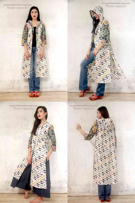 Batik Amarillis webstore :www.batikamarillis-shop.com Batik Amarillis's Ayesha Hoodie This Multi functional piece of clothing gives so much fun, as you can wear it as tunic, shirt dress and coat! It has been infused with relaxed and slimming silhoutte,perfect match with any kind of skinny or wide pants or even long skirt! Wear it with or without its hoodie, it still make you cool! Multifunctional Garments, Outer Batik Long, Upcycle Kimono, Batik Blazer, Outer Batik, Batik Amarillis, Long Outer, Asian Fabric, Tunic Shirt Dress