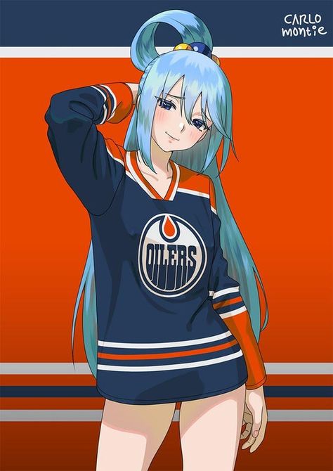 Aqua in Oilers : Konosuba Konosuba Aqua, Konosuba Wallpaper, Aqua Konosuba, Hockey Girl, National Hockey League, Fire Emblem, Anime Movies, Girl Drawing, Anime Kawaii