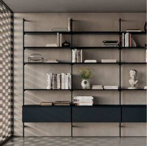 Living Room Luxury Minimalist, Library Minimalist Design, Family Room Shelving Ideas, Open Shelving Living Room, Book Shelves Design, Minimalist Contemporary Living Room, Book Shelf Design, Modern Bookcase Design, Bamboo Bookcase