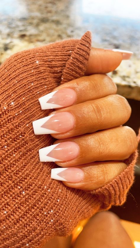 V Shape White French Tip Nails, Triangle Tips Nails, French V Shape Nails, V French Manicure, White V Tip Acrylic Nails, Angled French Tip, French Nails V Shape, French Tip Nails Triangle, French V Nail Designs