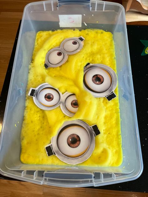 Minions Sensory Bin, Minion Activities, Yellow Sensory Bin, Foam Sensory Bin, Blocks Activities, Heavenly Flowers, Color Unit, Sensory Table, Sensory Bin