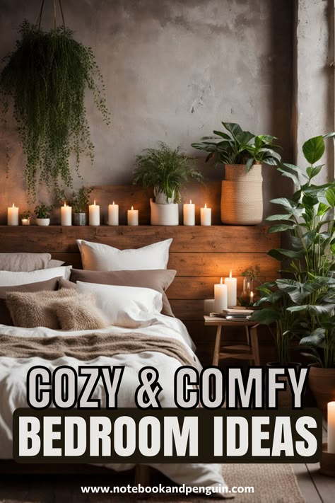 Cozy loft bedroom with candles and plants House Decor Living Room Cozy, Cozy Loft Bedroom, Peaceful Bedroom Ideas, Hygge Bedroom Ideas, Loft Bedroom Decor, Apartment Decor Room, Bedroom Color Scheme Ideas, House Decor Luxury, House Decor Living Room