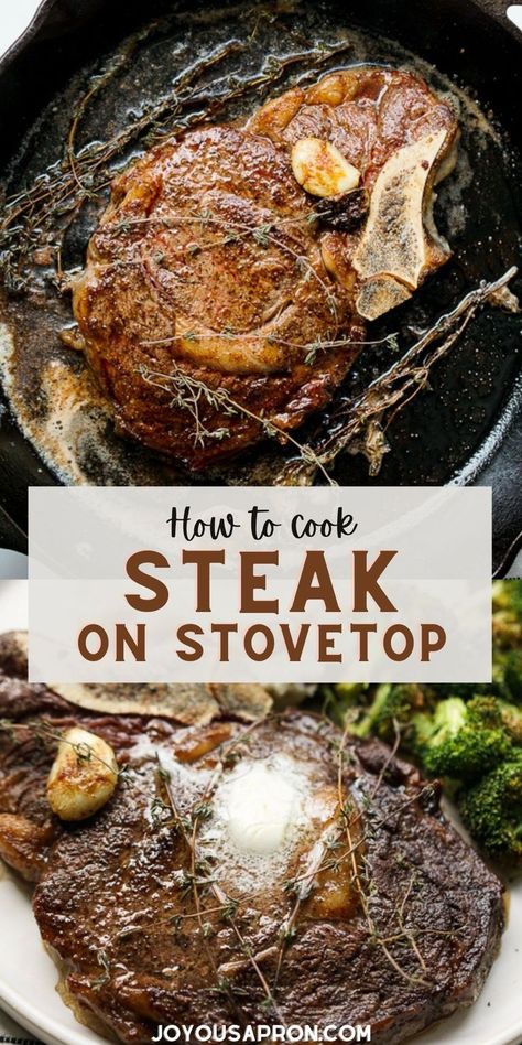 15 minutes · Gluten free Paleo · Serves 2 · How to cook steak on stovetop - learn all the tips and tricks to make steaks using a cast iron skillet on the stove. Easy, delicious and the BEST steak recipe! Great for a homemade Valentine's Day… More Steak On The Stove, Cast Iron Skillet Steak, Steak On Stove, How To Make Steak, Skillet Steak, Cooking The Perfect Steak, Easy Steak Recipes, Iron Skillet Recipes, Easy Steak