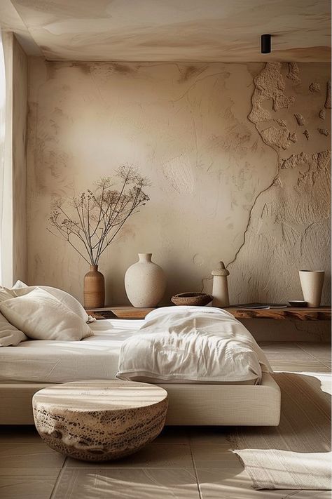 Explore a collection of over 100 designs for achieving serene simplicity in Wabi Sabi bedrooms. Embrace the art of imperfection and organic textures to curate a tranquil sanctuary that exudes warmth and tranquility. Discover the timeless charm of Wabi Sabi with weathered wood furniture and softly worn textiles. #WabiSabiBedroom #SereneSimplicity #TranquilSanctuary Wasabi Bedroom, Boho Tulum Decor, Wabisabi Bedroom, Soft Minimalism Interior, Diy Japandi, Wabi Sabi Ceiling, Wabi Sabi Interior Bedrooms, Calm Interior Design, Wabi Sabi Interior Living Rooms