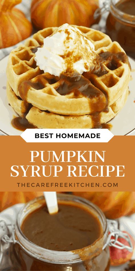 This easy homemade Pumpkin Spice Syrup brings the flavors of fall right into your very own kitchen. Made with pumpkin puree, brown sugar simple syrup and pumpkin pie spices, this seasonal syrup tastes great served over pancakes, added to coffee or cocktails or even spooned over ice cream. Pumpkin Syrup Recipe, Pumpkin Spice Syrup Recipe, Homemade Pumpkin Spice Syrup, Pumpkin Pie Syrup, Pumpkin Spice Pecans, Brown Sugar Simple Syrup, Pumpkin Spice Pancakes, Pumpkin Syrup, Pumpkin Spice Recipe