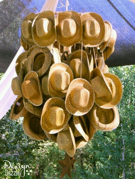 Make A Cowboy Hat, Stampede Party, Hat Chandelier, Cowgirl Themed Party, Chandelier Diy, Cowboy Theme Party, Western Dance, Western Birthday Party, Western Themed Wedding