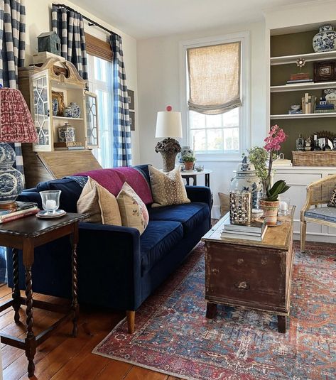 Eclectic Home Tour - Our 1842 Home - Kelly Elko Navy Sofa Living Room, Blue Velvet Sofa Living Room, Blue Sofa Living, Blue Sofas Living Room, So Disappointed, Small Sectional, Blue Sectional, Small Sectional Sofa, Long Living Room