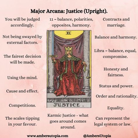 Justice, in upright position from the Major Arcana suit in the tarot deck and its meanings, including the astrology and numerology meanings. 

#Justice #MajorAcarna #TarotCardMeanings #Tarot Justice Tarot, Major Arcana Tarot, Tarot Card Readings, Tarot Interpretation, Arcana Tarot, Tarot Cards For Beginners, Learning Tarot Cards, Tarot Guide, Major Arcana Cards