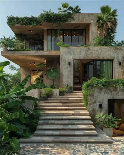 Modern Adobe Architecture, Italy House Exterior, Tropical House Design Exterior, Dream House Exterior Modern Luxury, Tropical Modern House Design, Beautiful Houses Modern Luxury, Modern Adobe House Exterior, Tropical Villa Design, House With Stairs