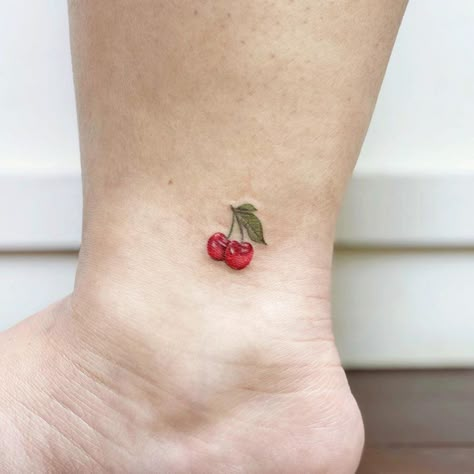 Tattoo Cherry, Cherry Tattoo, Strawberry Tattoo, Fruit Tattoo, Cherry Tattoos, Christian Sleeve Tattoo, Cute Tattoo, Handpoke Tattoo, Back Of Shoulder Tattoo